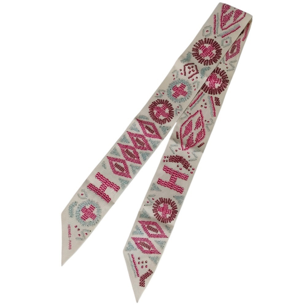 HERMES 100% Silk Kelly Emperle Twilly Scarf/Muffler, Ivory, Women's
